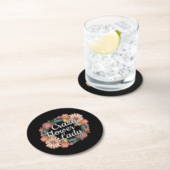 Crazy Flower Lady - Zinnia Gardener Round Paper Coaster (Insitu)