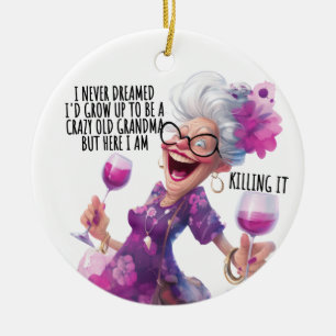 CRAZY FUNNY OLD LADY WITH WINE CERAMIC ORNAMENT