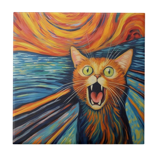 Crazy funny red cat painting ceramic tile (Front)