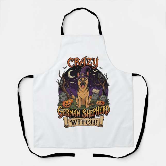 Crazy German Shepherd Witch Halloween Dog Pumpkins Apron (Front)