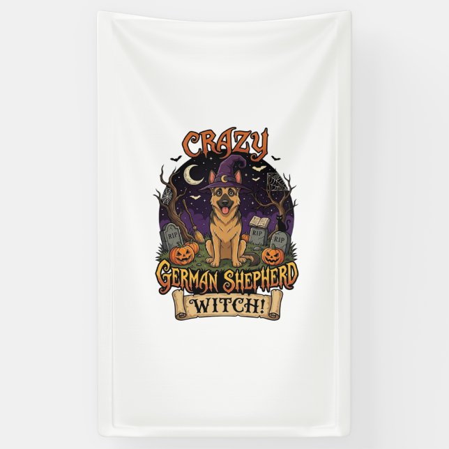 Crazy German Shepherd Witch Halloween Dog Pumpkins Banner (Vertical)