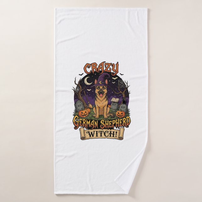 Crazy German Shepherd Witch Halloween Dog Pumpkins Bath Towel (Bath Towel)