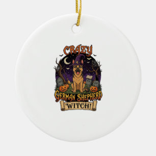 Crazy German Shepherd Witch Halloween Dog Pumpkins Ceramic Ornament