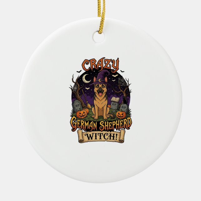 Crazy German Shepherd Witch Halloween Dog Pumpkins Ceramic Ornament (Front)