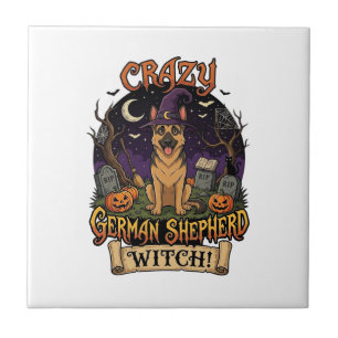 Crazy German Shepherd Witch Halloween Dog Pumpkins Ceramic Tile