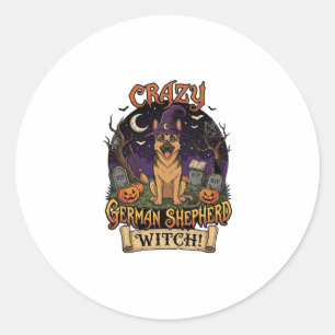 Crazy German Shepherd Witch Halloween Dog Pumpkins Classic Round Sticker