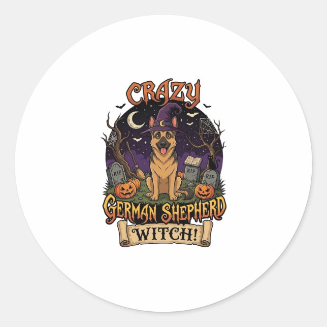 Crazy German Shepherd Witch Halloween Dog Pumpkins Classic Round Sticker (Front)