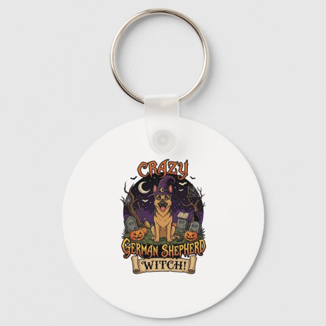 Crazy German Shepherd Witch Halloween Dog Pumpkins Key Ring (Front)