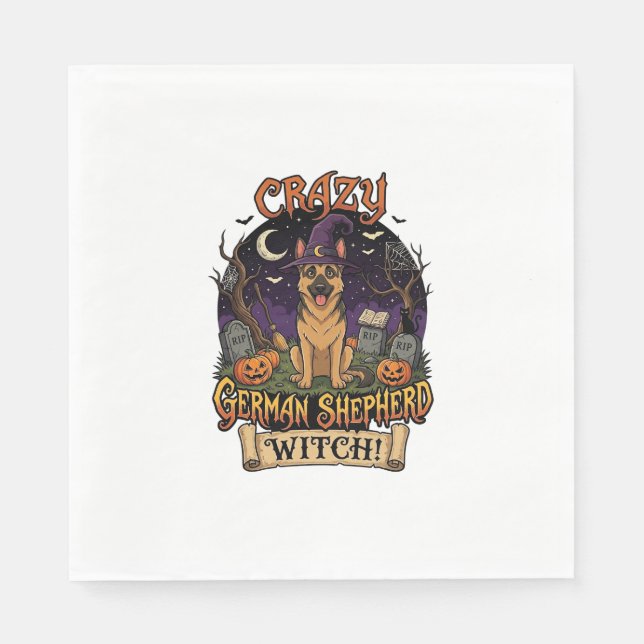 Crazy German Shepherd Witch Halloween Dog Pumpkins Napkin (Front)