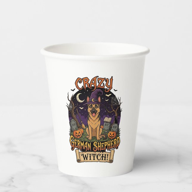 Crazy German Shepherd Witch Halloween Dog Pumpkins Paper Cups (Front)