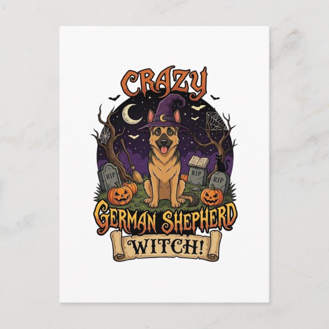 Crazy German Shepherd Witch Halloween Dog Pumpkins Postcard (Front)
