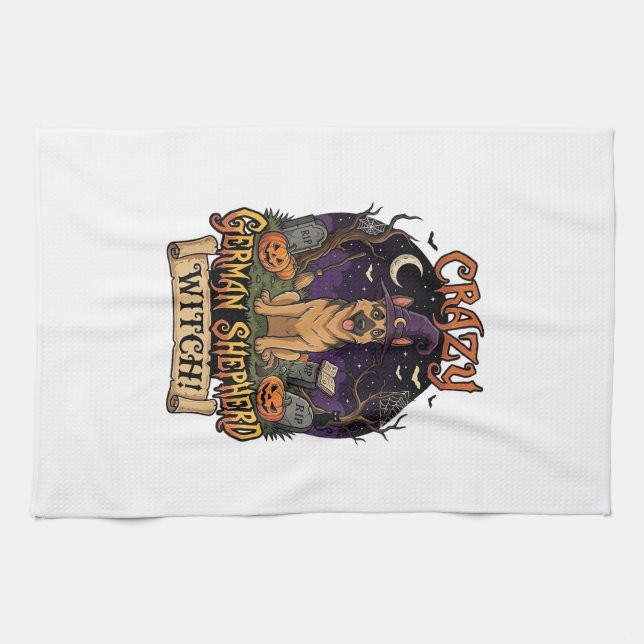 Crazy German Shepherd Witch Halloween Dog Pumpkins Tea Towel (Horizontal)