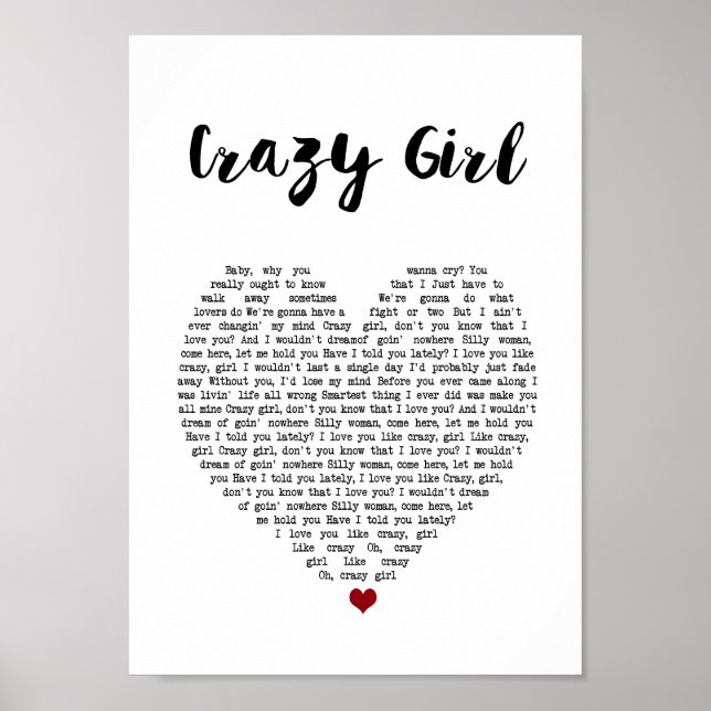 Crazy Girl Heart Song Lyric Wall Art Print (Front)