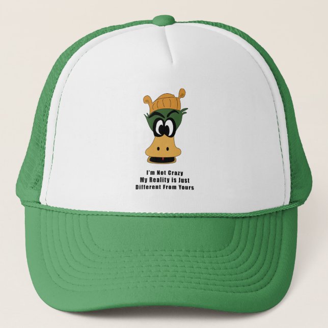 Crazy Green Cartoon Duck Different Reality Trucker Hat (Front)