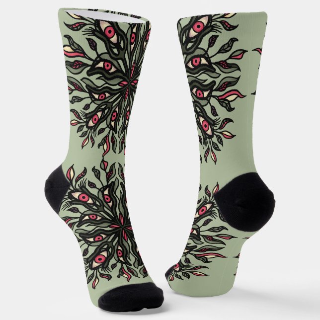 Crazy green witch creepy nature psychedelic socks (Angled)
