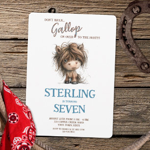 Crazy Hair Horse Pony Rustic Blue Brown Boy Invitation