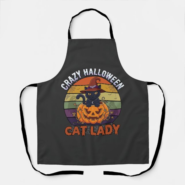 Crazy Halloween Cat Lady Black Pumpkin Witch Hat Apron (Front)