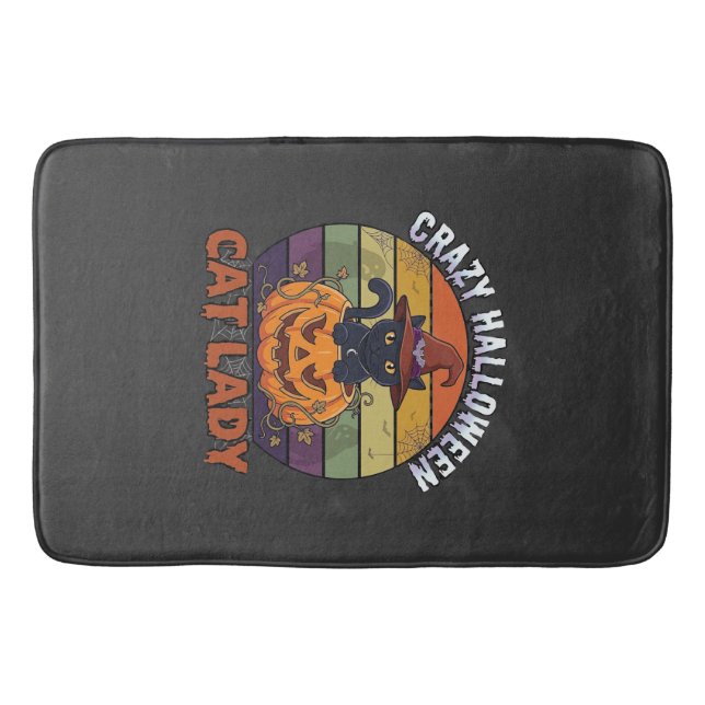 Crazy Halloween Cat Lady Black Pumpkin Witch Hat Bath Mat (Front)