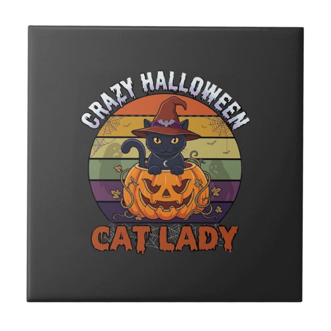 Crazy Halloween Cat Lady Black Pumpkin Witch Hat Ceramic Tile (Front)