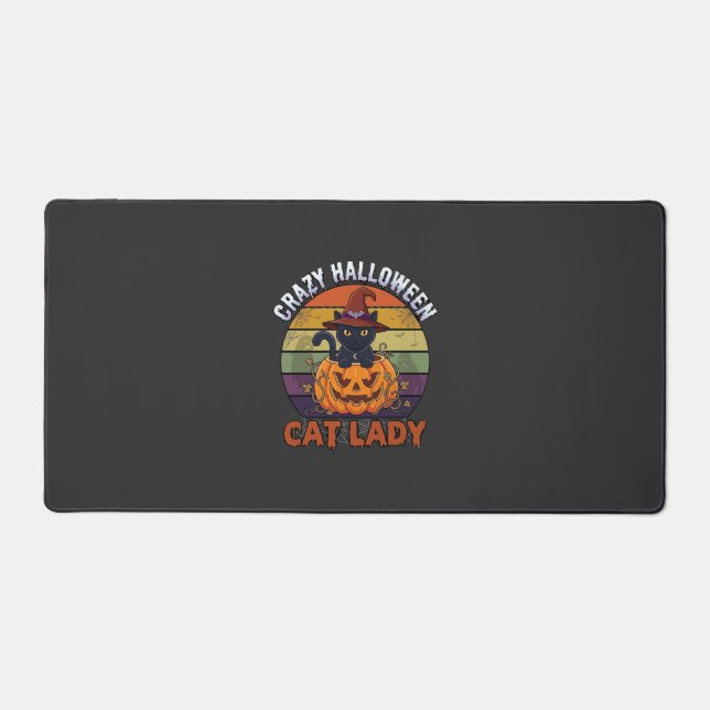 Crazy Halloween Cat Lady Black Pumpkin Witch Hat Desk Mat (Front)