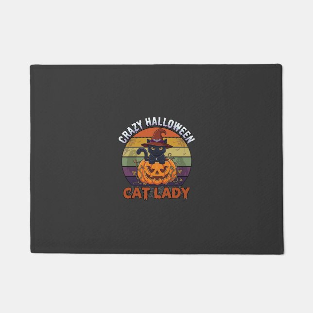 Crazy Halloween Cat Lady Black Pumpkin Witch Hat Doormat (Front)