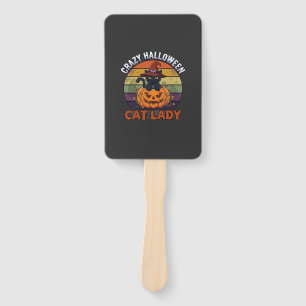 Crazy Halloween Cat Lady Black Pumpkin Witch Hat Hand Fan