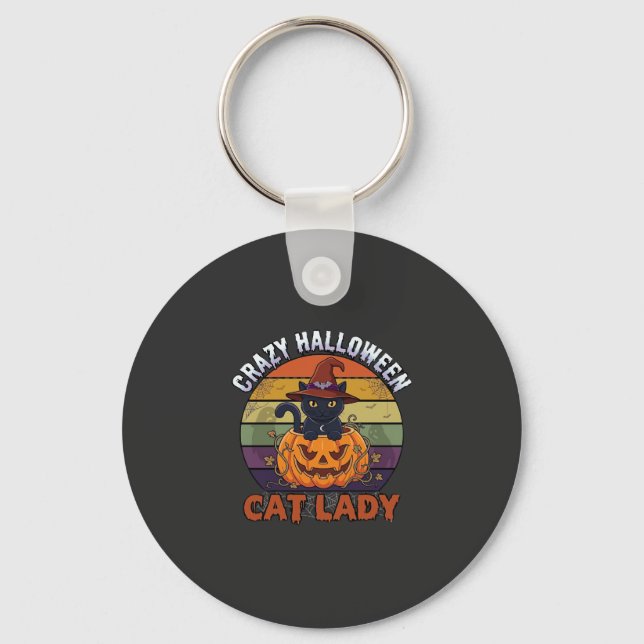 Crazy Halloween Cat Lady Black Pumpkin Witch Hat Key Ring (Front)