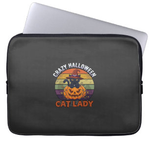 Crazy Halloween Cat Lady Black Pumpkin Witch Hat Laptop Sleeve