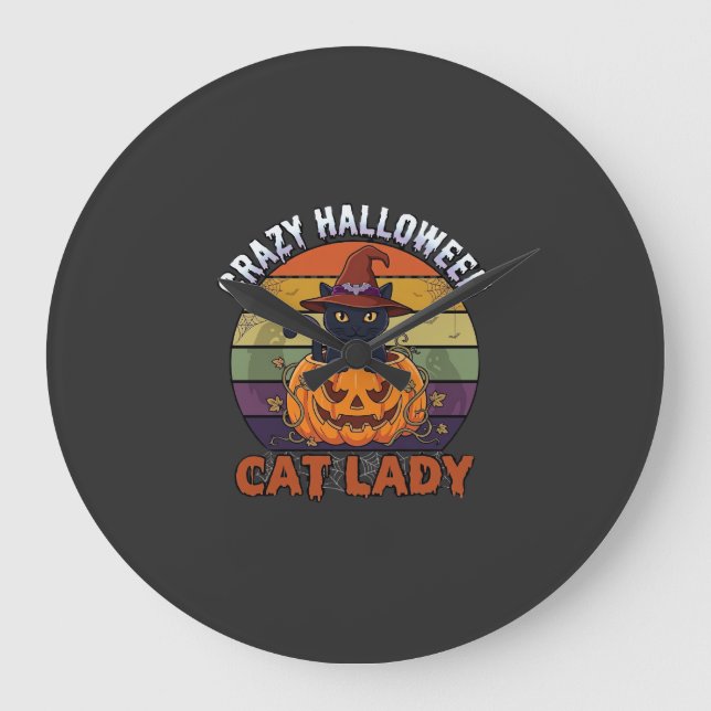 Crazy Halloween Cat Lady Black Pumpkin Witch Hat Large Clock (Front)
