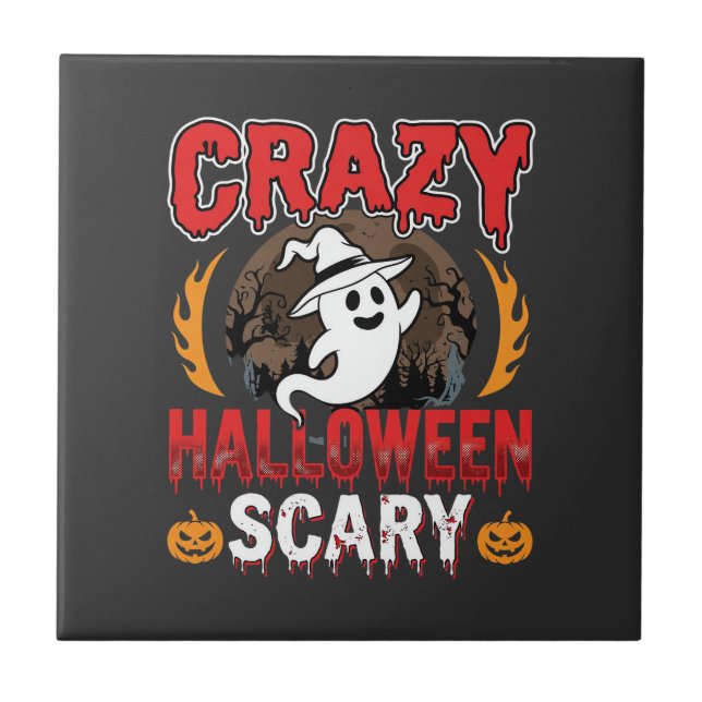 Crazy Halloween Scary Ghost and Pumpkin Design Ceramic Tile (Front)