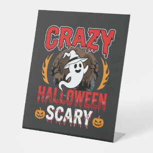 Crazy Halloween Scary Ghost and Pumpkin Design Pedestal Sign