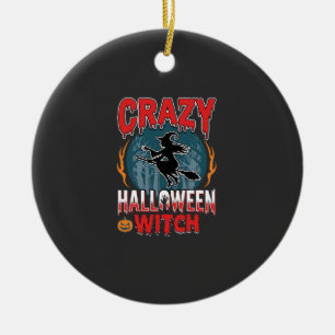 Crazy Halloween Witch Flying Broom Horror Design Ceramic Ornament