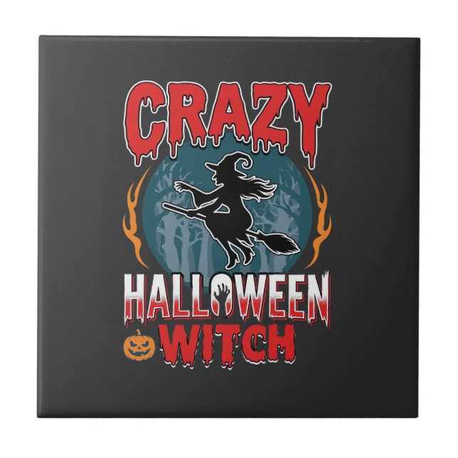 Crazy Halloween Witch Flying Broom Horror Design Ceramic Tile (Front)