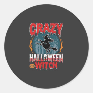 Crazy Halloween Witch Flying Broom Horror Design Classic Round Sticker