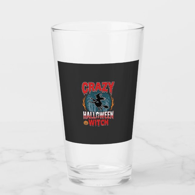 Crazy Halloween Witch Flying Broom Horror Design Glass (Front)
