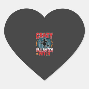 Crazy Halloween Witch Flying Broom Horror Design Heart Sticker