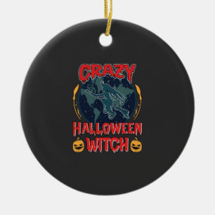 Crazy Halloween Witch Pumpkin Flying Moon Spooky N Ceramic Ornament