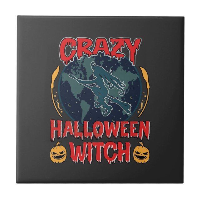 Crazy Halloween Witch Pumpkin Flying Moon Spooky N Ceramic Tile (Front)