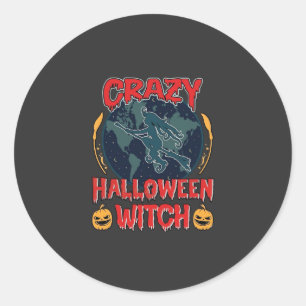 Crazy Halloween Witch Pumpkin Flying Moon Spooky N Classic Round Sticker