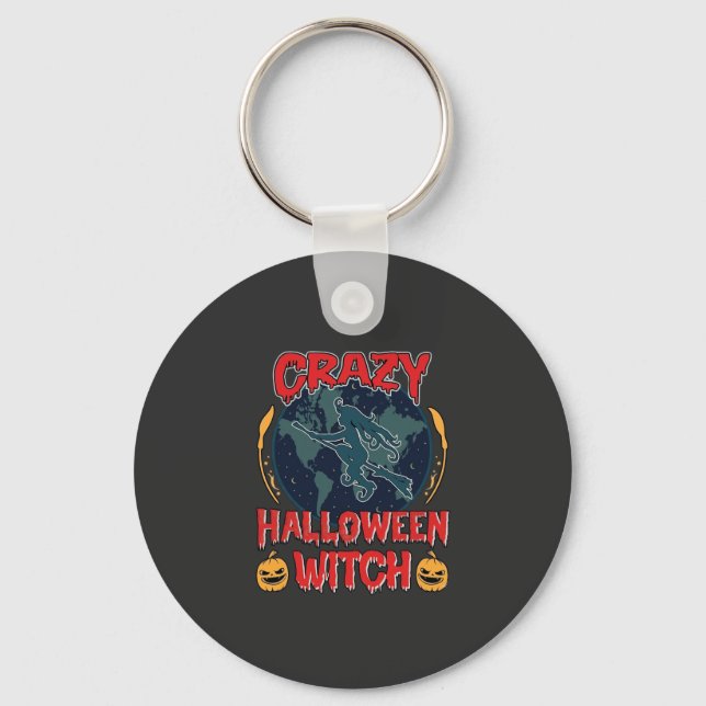 Crazy Halloween Witch Pumpkin Flying Moon Spooky N Key Ring (Front)