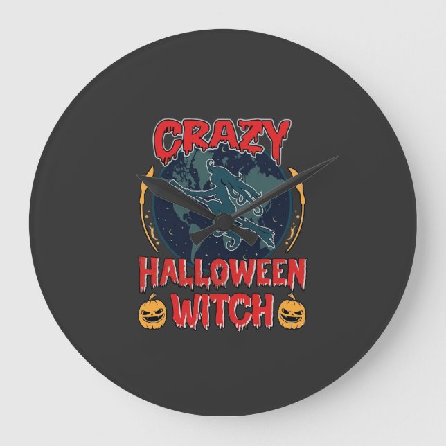Crazy Halloween Witch Pumpkin Flying Moon Spooky N Large Clock (Front)