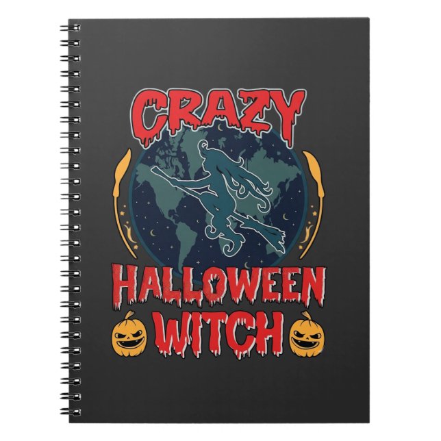 Crazy Halloween Witch Pumpkin Flying Moon Spooky N Notebook (Front)