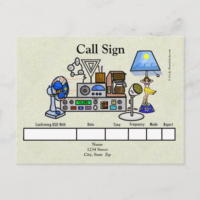 Crazy Ham Radio Rig with Hula Girl Lamp QSL Card (Front)