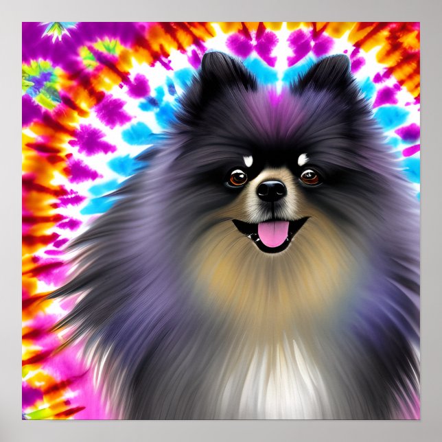 Crazy Happy Black Pomeranian Dog Tie Dye Art Poster (Front)