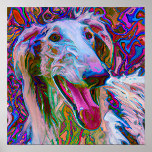 Crazy Happy Borzoi Dog Art Portrait Poster