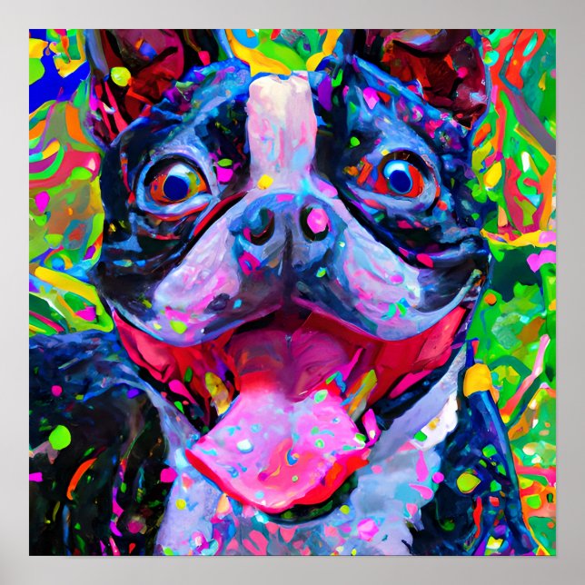 Crazy Happy Boston Terrier Dog 2 Art Portrait Poster (Front)