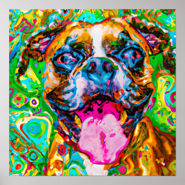 Crazy Happy Boxer Dog 2 Art Portrait Poster (Front)