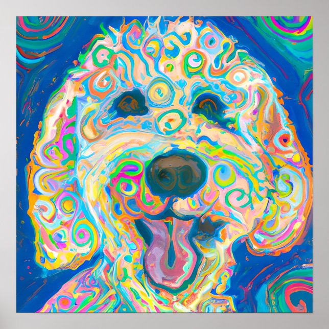 Crazy Happy Goldendoodle Dog Art Portrait Poster (Front)