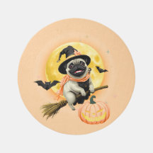 Crazy Happy Halloween Pug Riding a Flying Broom Ca