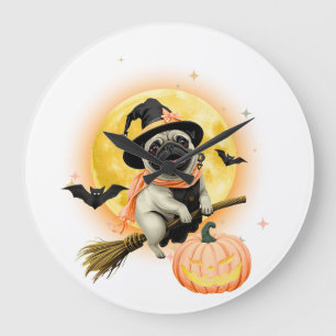 Crazy Happy Halloween Pug Riding a Flying Broom    Large Clock